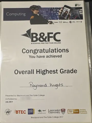 My Blackpool and The Fylde College Computing award for the Overall Highest Grade, with the signature blurred