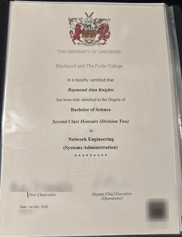 My BSc (Hons) Network Engineering degree certificate from Lancaster University, with the certificate numbers, signatures and hologram blurred