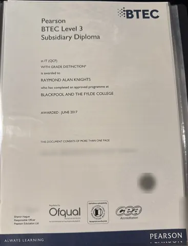 My Pearson BTEC Level 3 Subsidiary Diploma in IT certificate, with the reference codes, signature and seal blurred