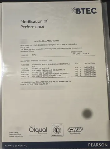 My BTEC Notification of Performance showing a Distinction in all six units, with the learner number, reference codes, signature and seal blurred