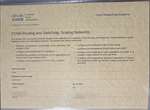 My Cisco Networking Academy course completion certificate for CCNA Routing and Switching: Scaling Networks, with the instructor's name and signature blurred