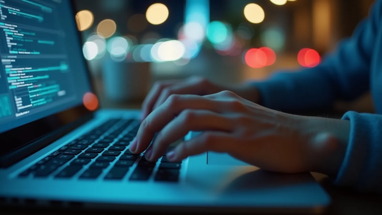 Hands typing on a laptop keyboard in a dimly lit room