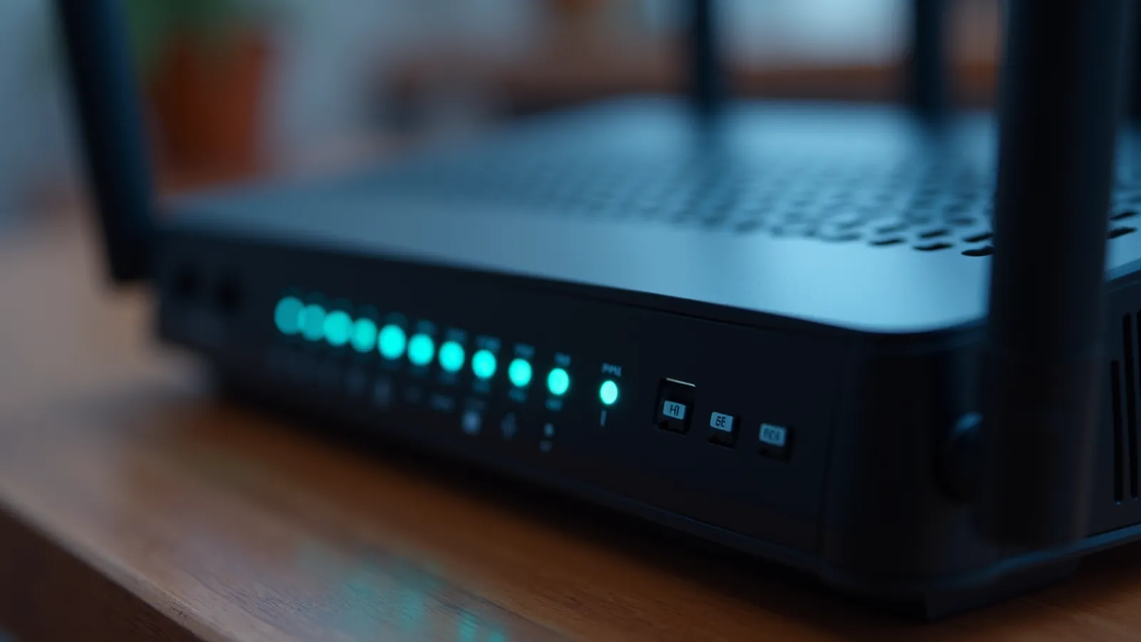 A home Wi-Fi router with its status lights on
