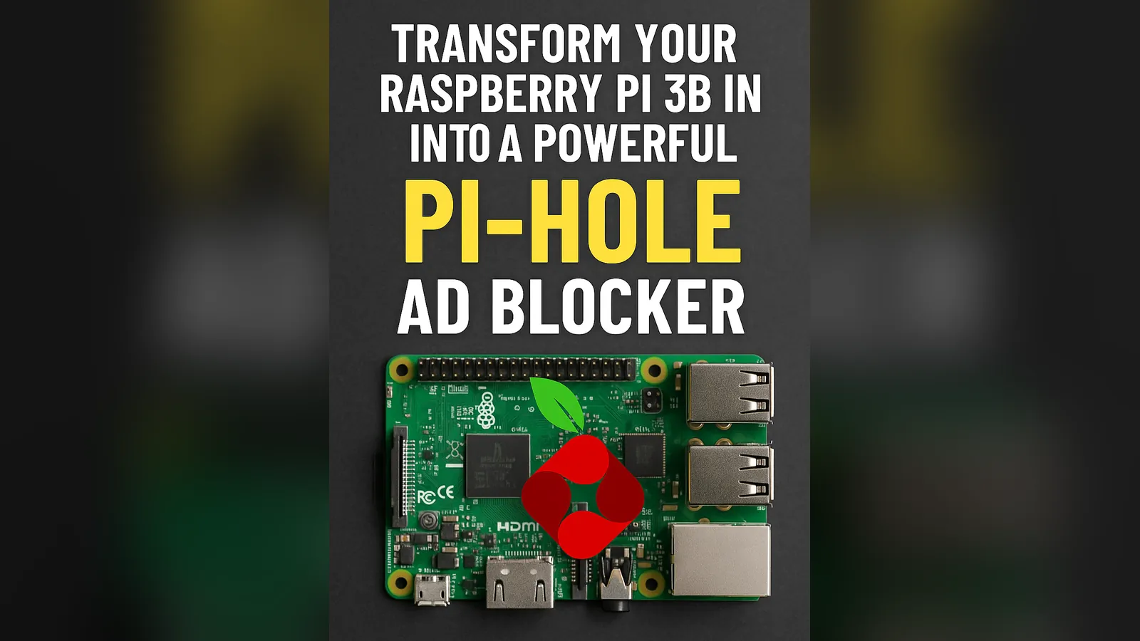 Raspberry Pi 3B board with the words "Pi-hole ad blocker"