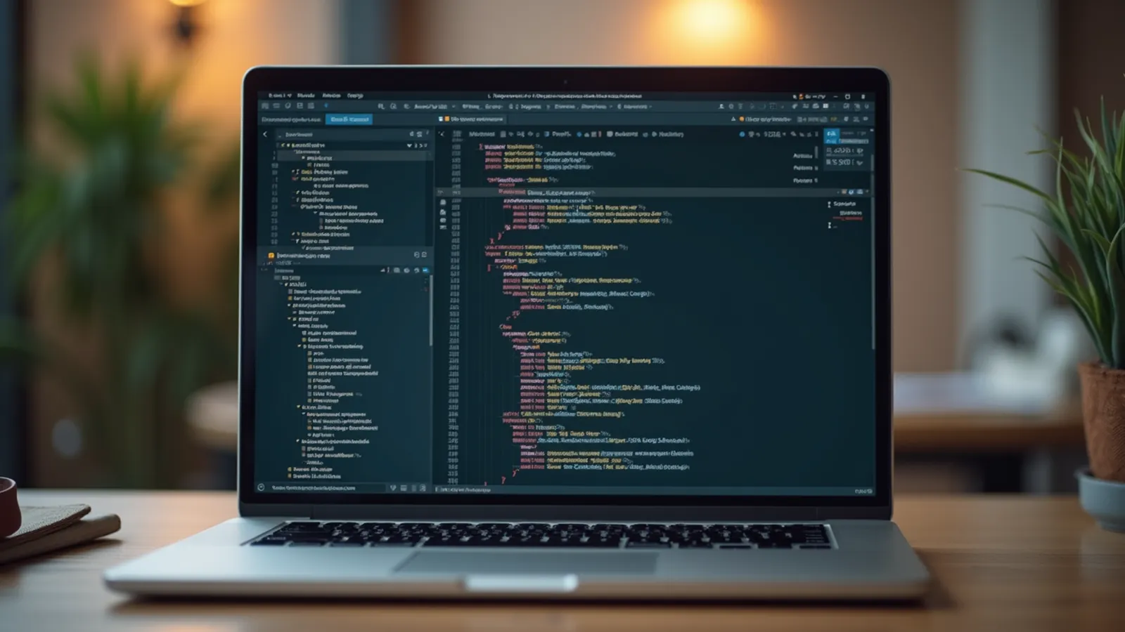 A laptop on a desk showing code