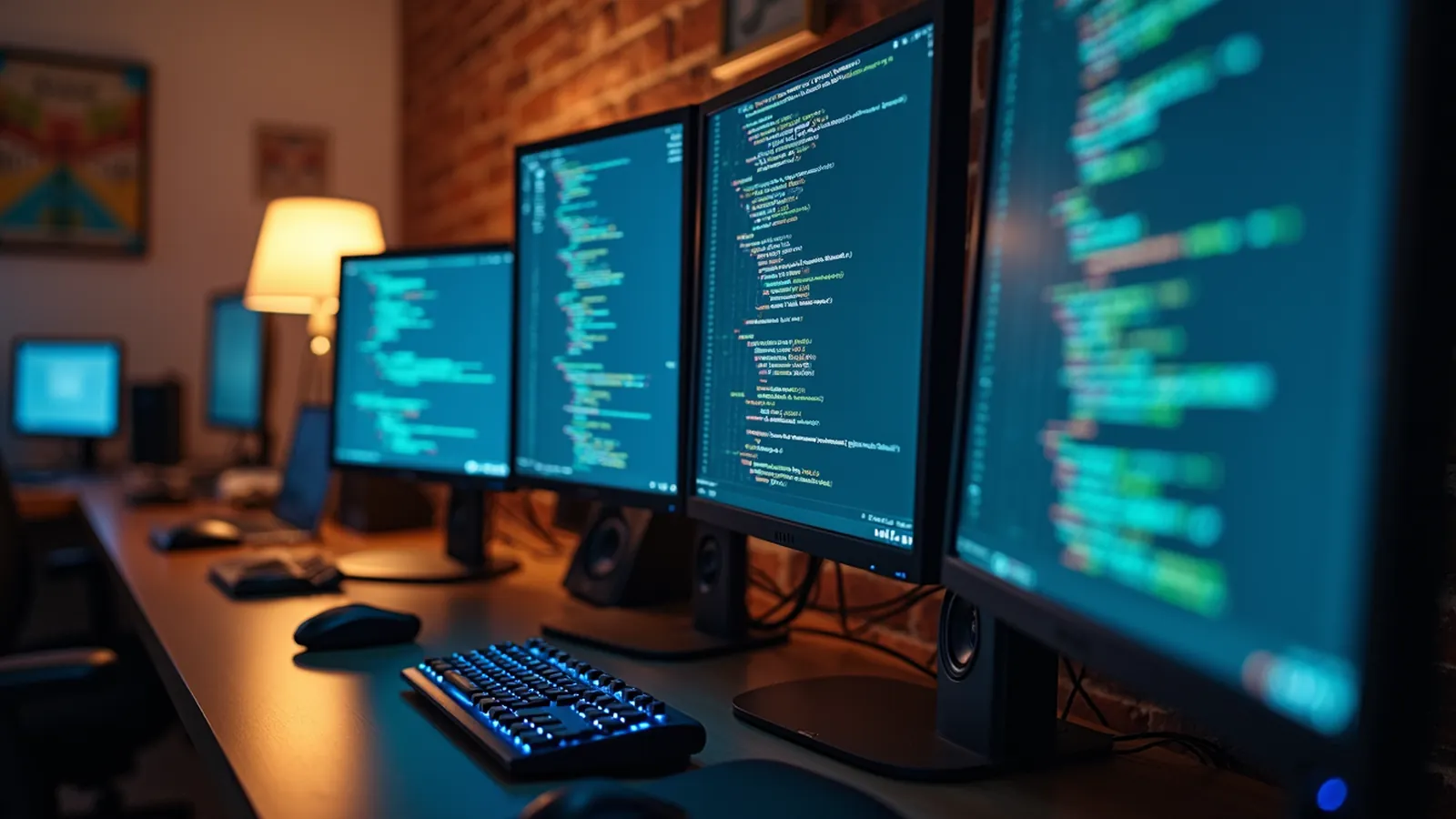 A desk with several monitors showing code